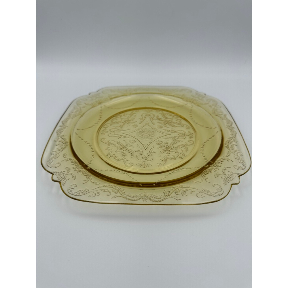 Lancaster Glass | 1930s Jubilee Etched Dinner Plate | Uranium Yellow | 9”